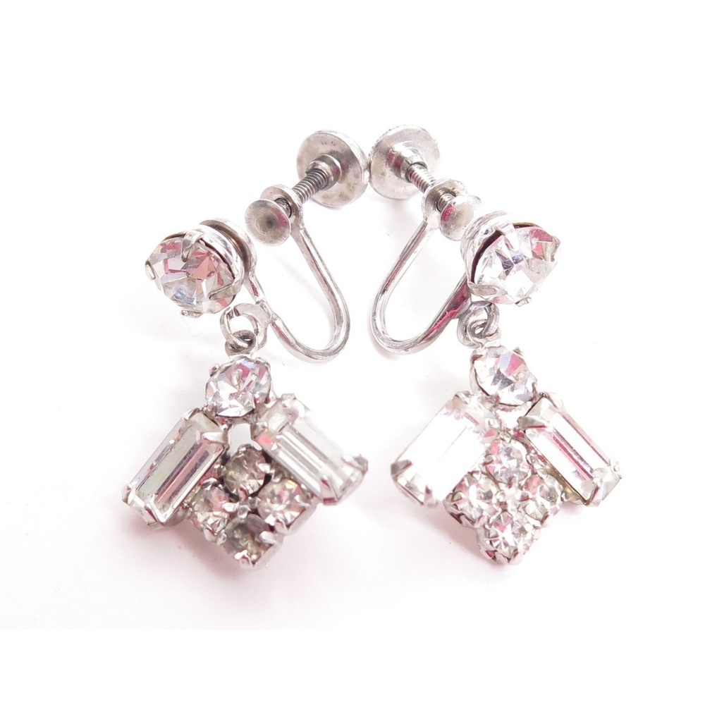 Baguette & Round Rhinestone Prong Set Silver Plated Art Deco‎ Sb Earrings